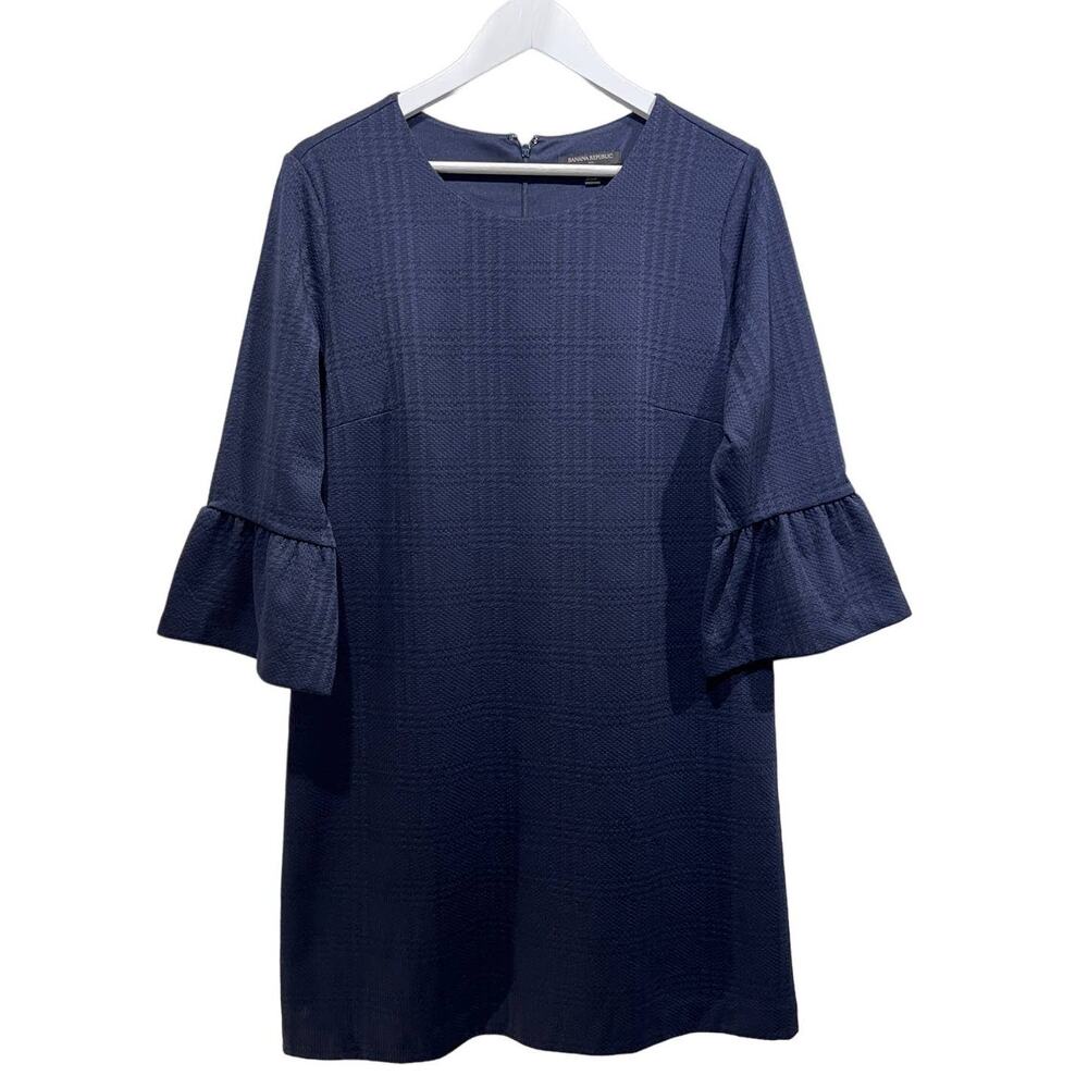 Banana Republic Wmns Sz L Navy Blue Plaid Textured Lined Shift Dress Bell Sleeve